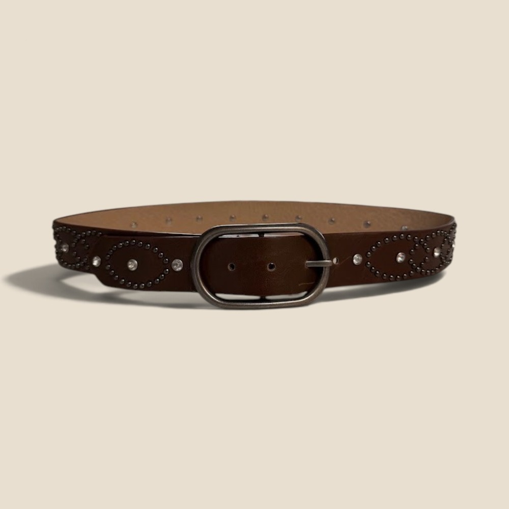 Womens Brown Faux Leather Studded Rhinestone Belt Vintage Western Boho 34" S/M